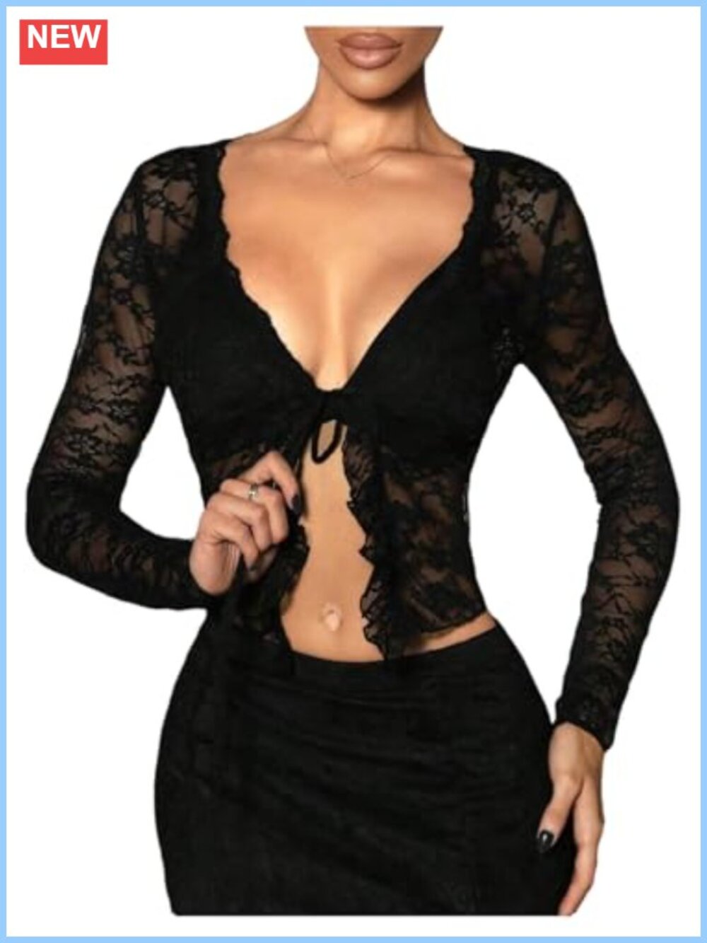 Lace Tie Front Crop Top Ruffle Sheer Mesh Long Sleeve V-Neck Blouse